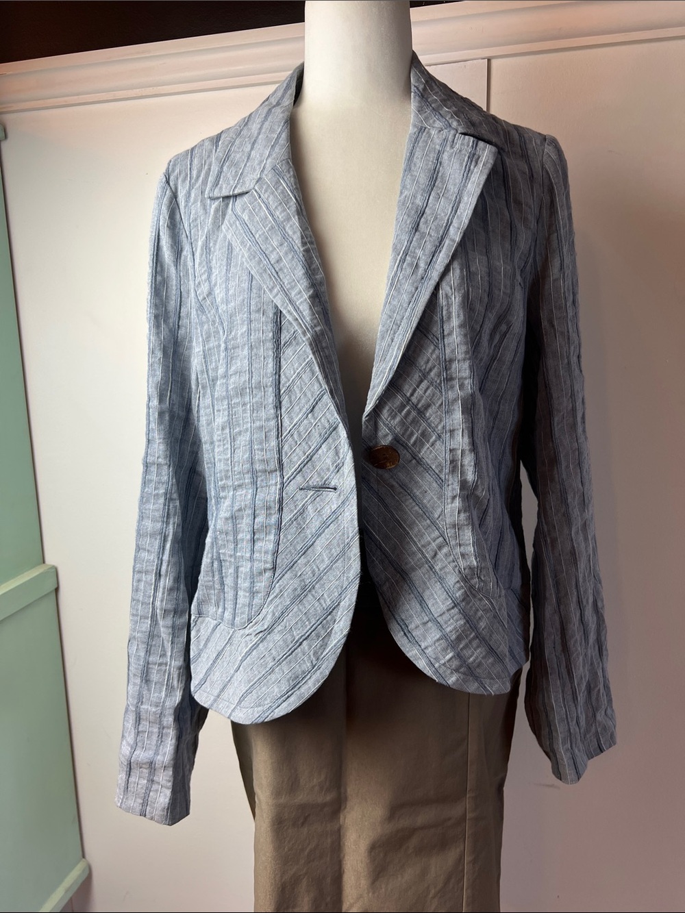 Light Blue Striped Women's Linen Blend Blazer Jacket